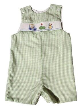 Petit Bebe Golf Smocked Jon Jon Green Gingham Shortall Romper Baby Boy Size 18M